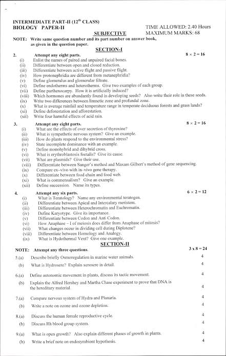 Biology 2nd Year Punjab Boards Guess Paper 2023