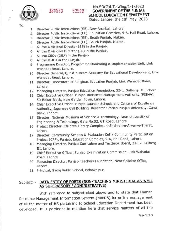 Data Entry Of Posts Non-Teaching Ministerial As Well Supervisory /Administrative May 2023