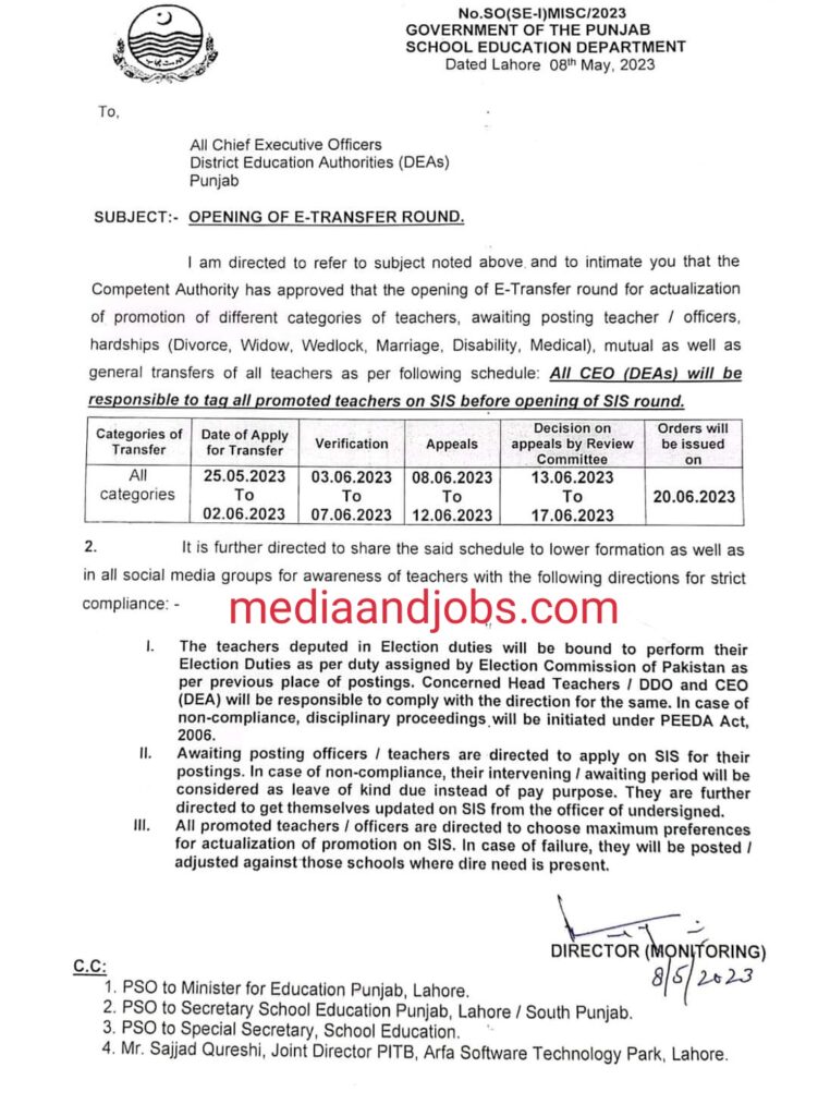 Opening Of E-Transfer Round 2023 Notification