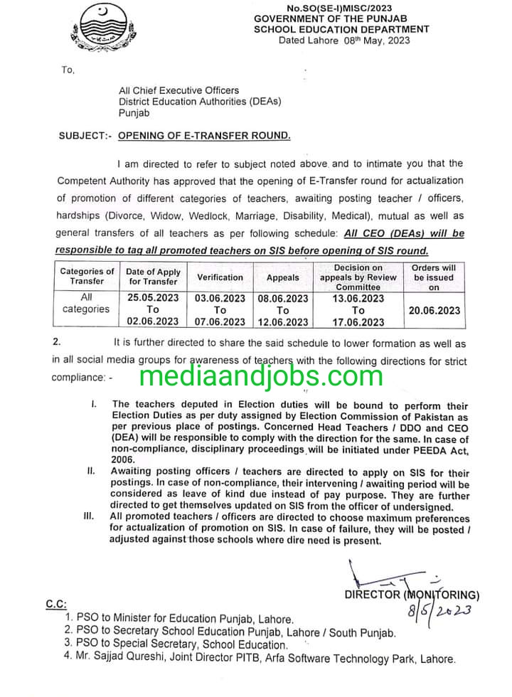 Opening Of E-Transfer Round 2023 Notification