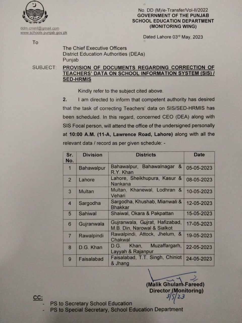 Provision Of Documents Regarding Correction Of Teachers' Data On SIS