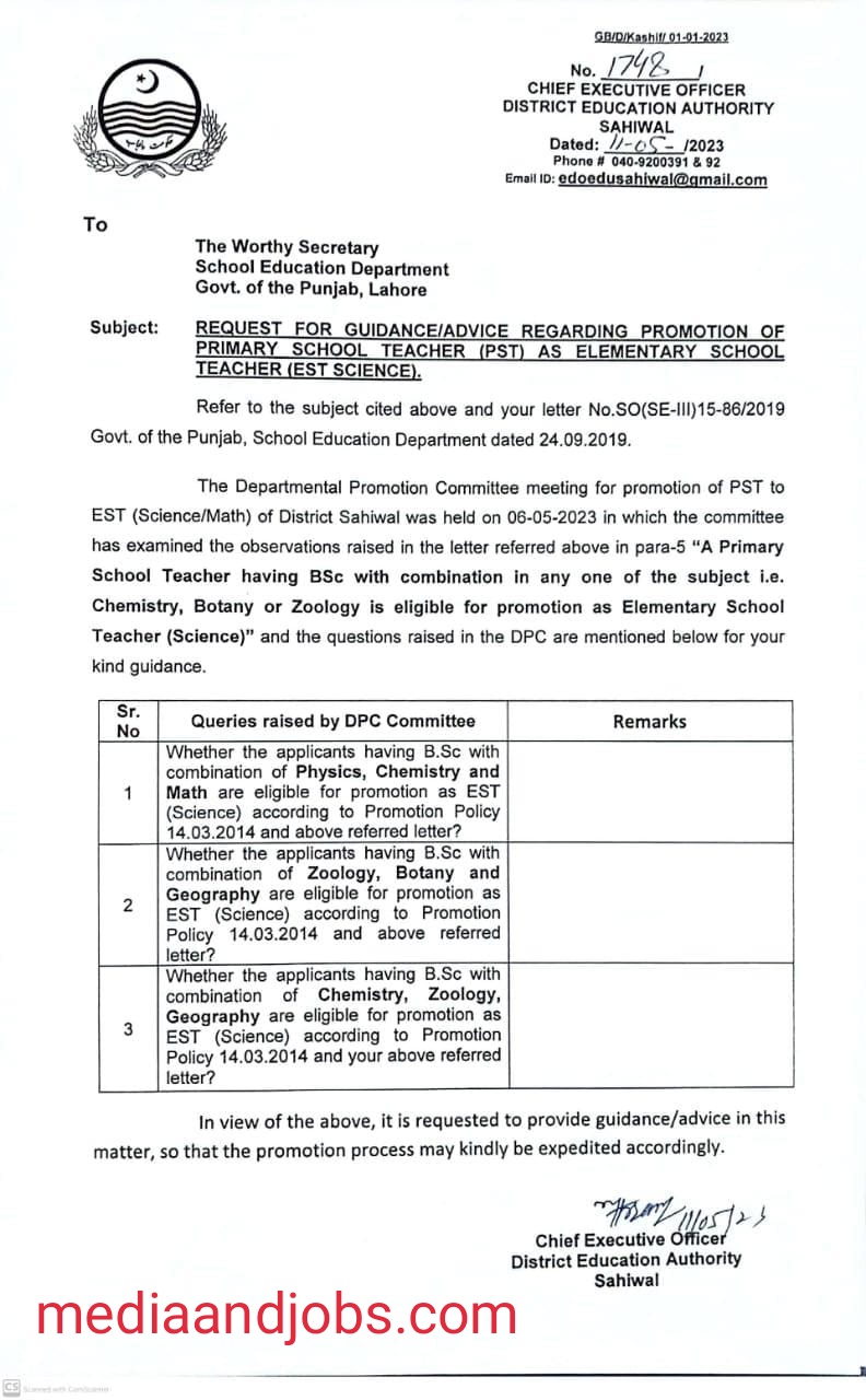 REQUEST FOR GUIDANCE/ADVICE REGARDING PROMOTION OF PRIMARY SCHOOL TEACHER (PST) AS ELEMENTARY SCHOOL TEACHER (EST SCIENCE) 2023