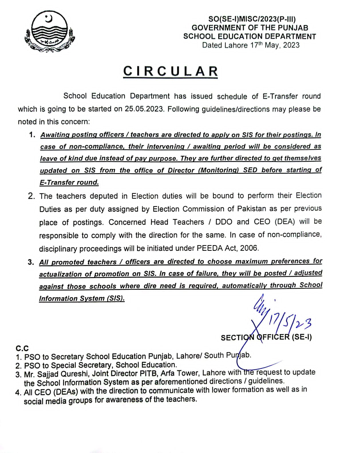 SIS Has Issued Schedule Of E-Tranfer For Teachers May 2023