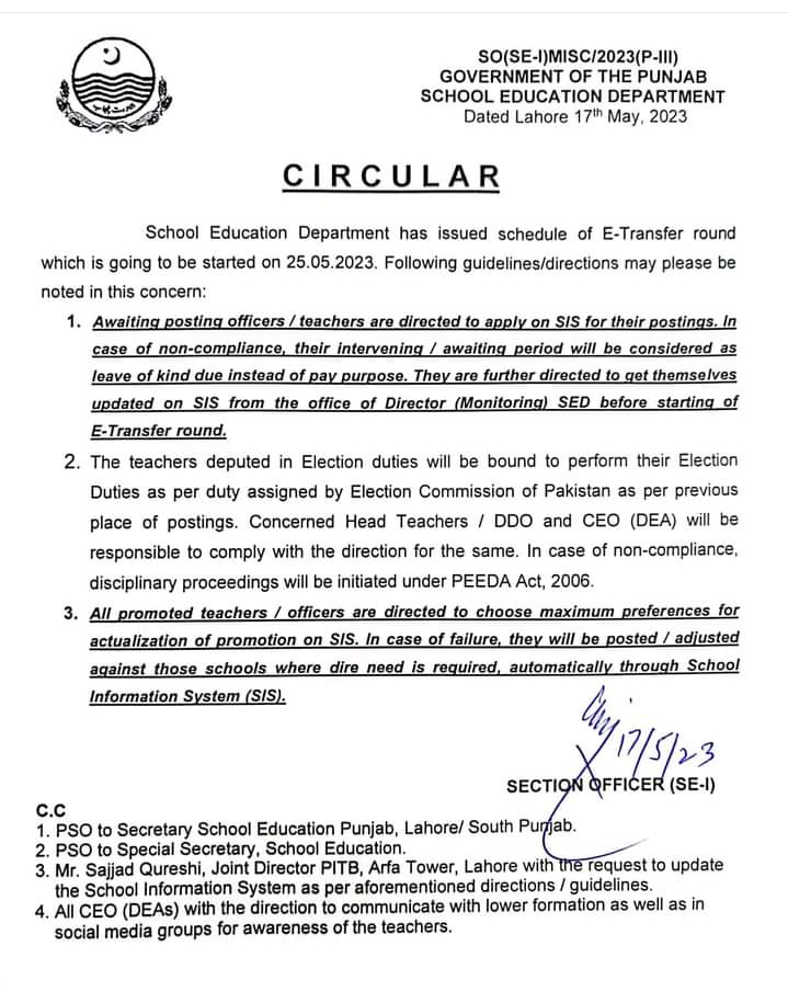 SIS Has Issued Schedule Of E-Tranfer For Teachers May 2023