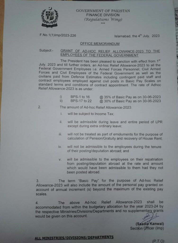 Grant Of Ad-Hoc Relief Allowance To The Govt Employees