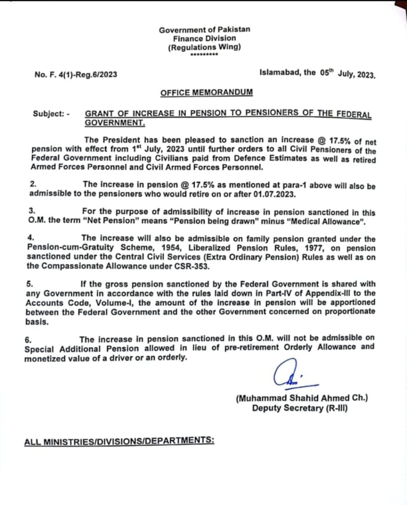 Grant Of Increase In Pension To Pensioners Of The Federal Government