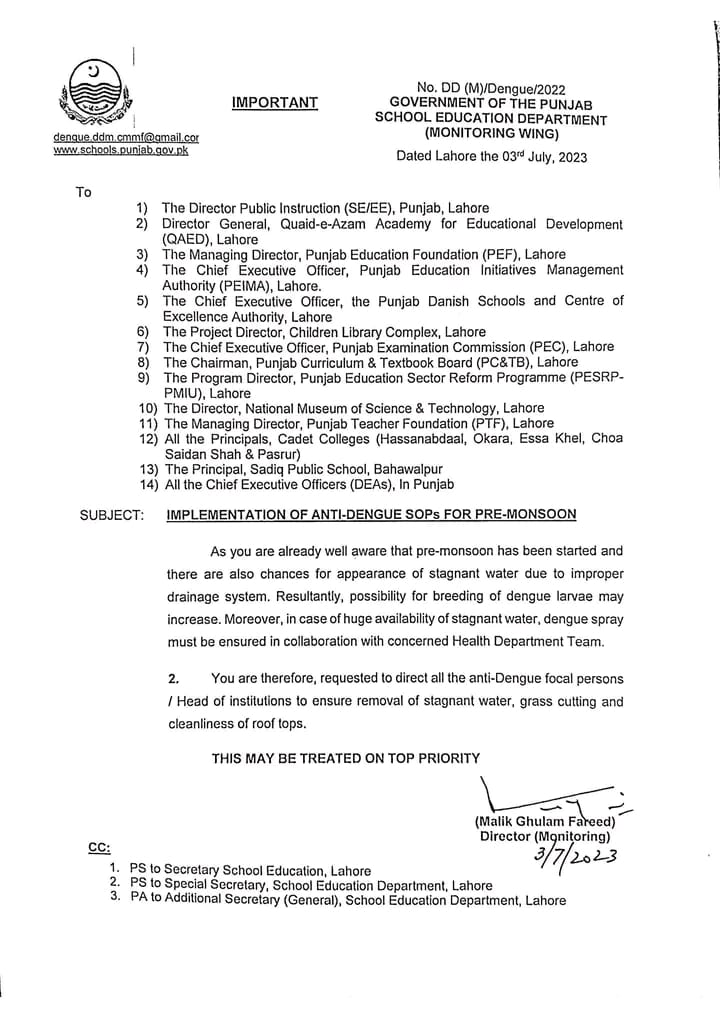 Implementation Of Anti Dengue (SOPS) For Pre-Monsoon