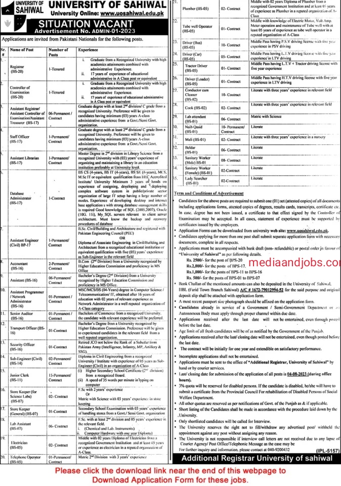 Sahiwal University Jobs 2023 Job Advertisement