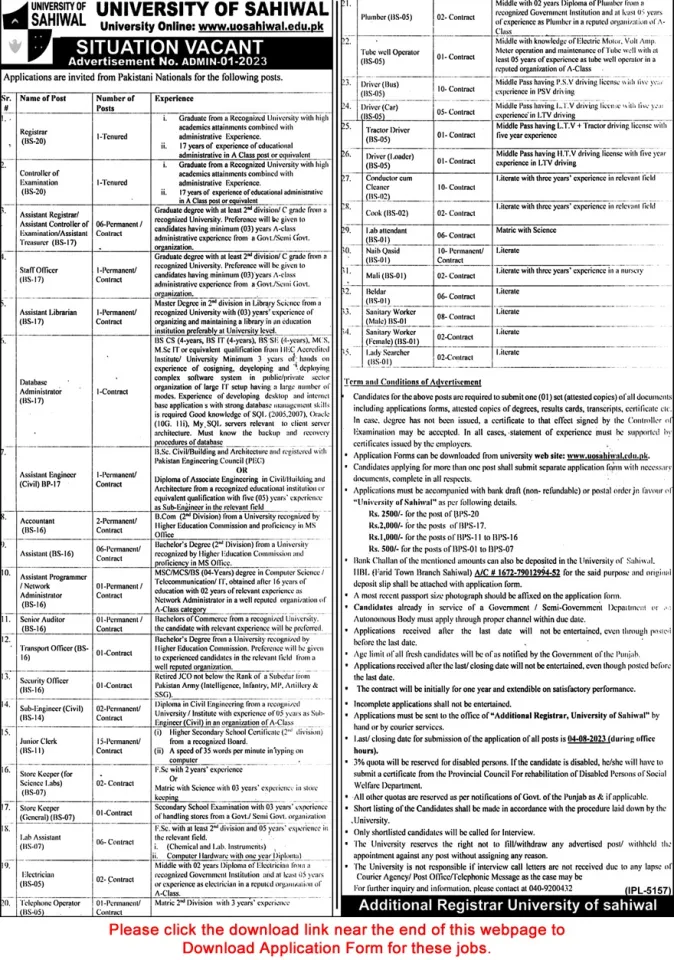 Sahiwal University Jobs 2023 Job Advertisement