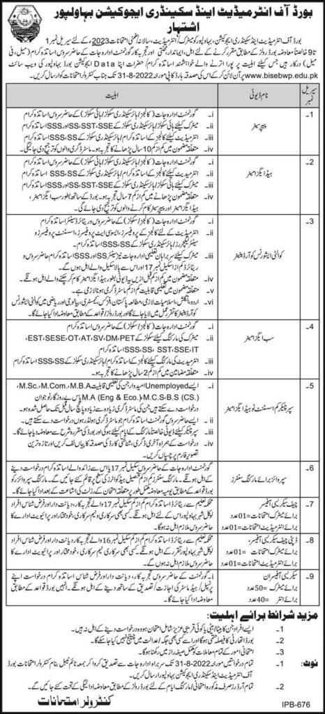 BISE Bahawalpur Jobs 2023 | Commission on Secondary and Secondary Education