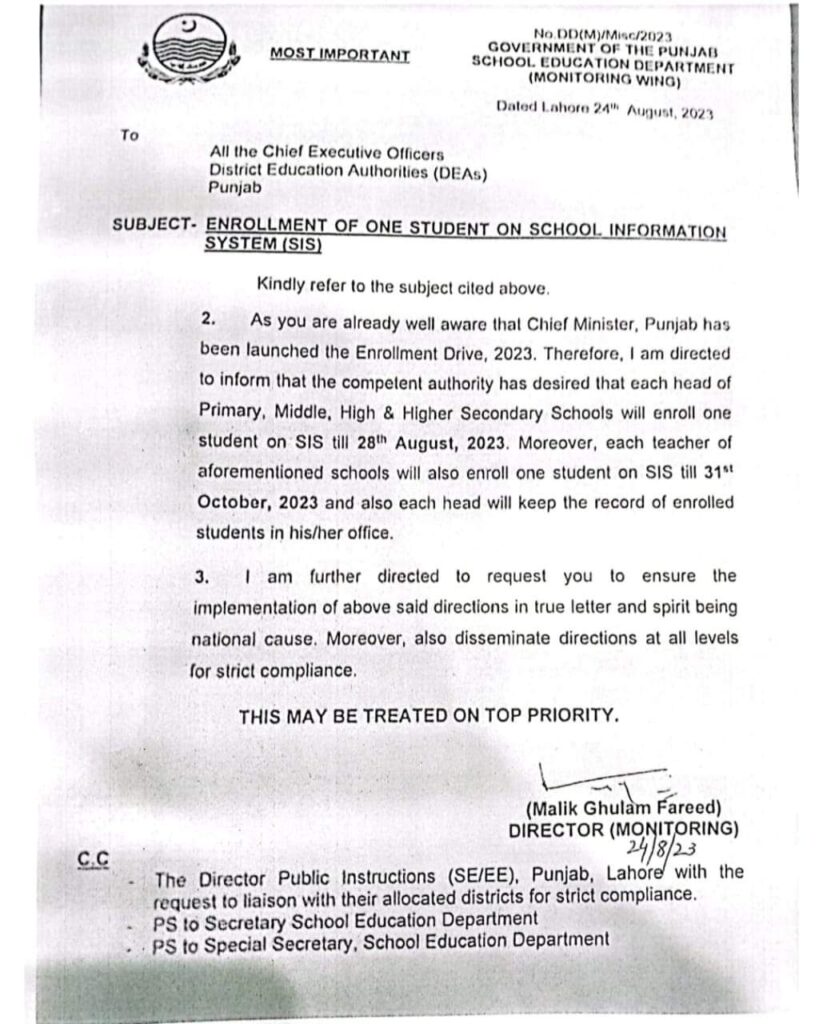 Enrolment of One Student On SIS 2023 - Official Notification Enrolment of One Student On SIS 2023 - Official Notification