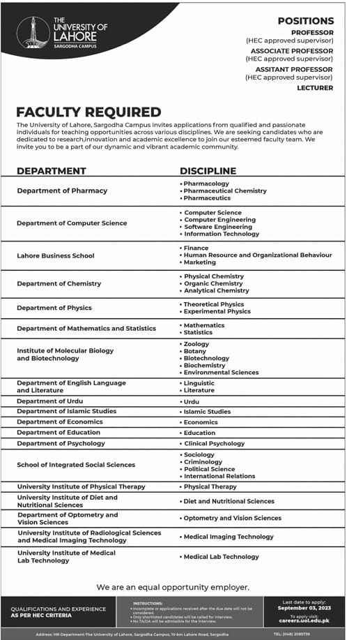 Lahore University UOL Jobs 2023 (Faculty Required)