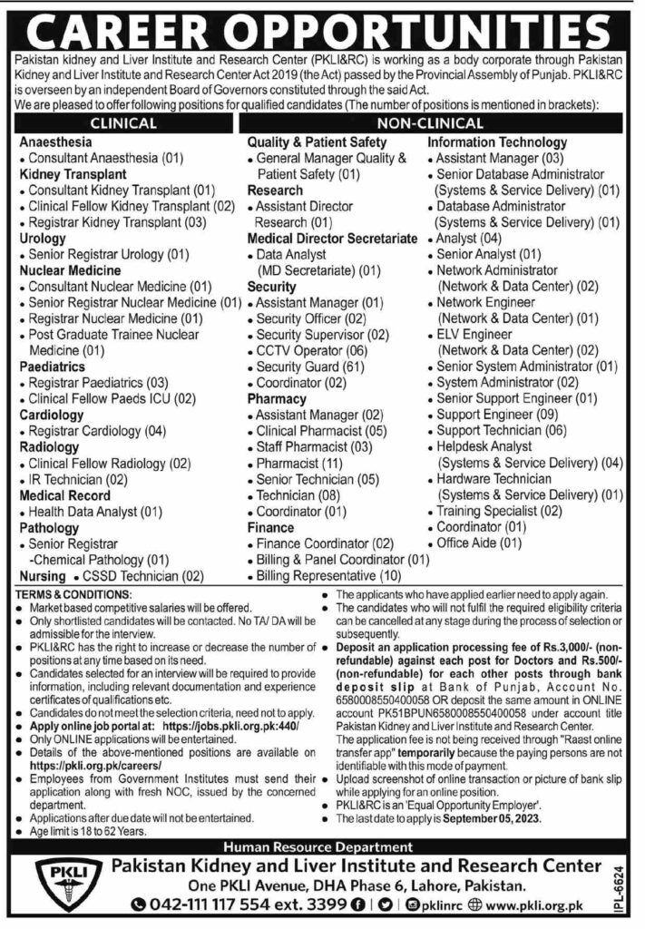 Latest PKLI Jobs 2023 - Pakistan Kidney and Liver Institute