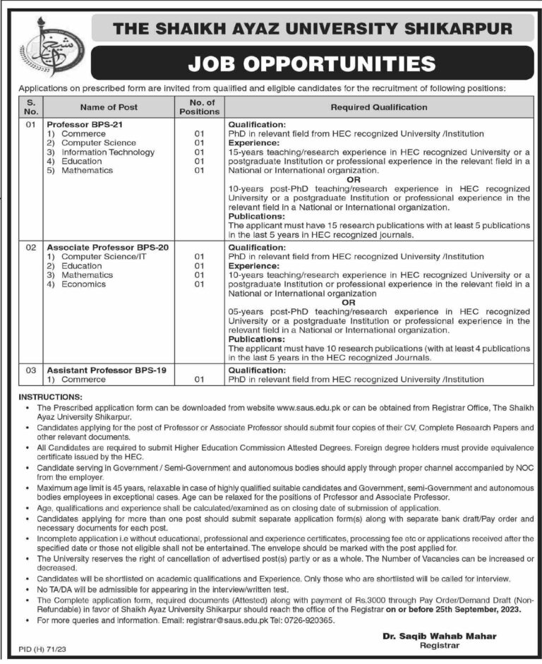 Shaikh Ayaz University Jobs 2023 | Application Form