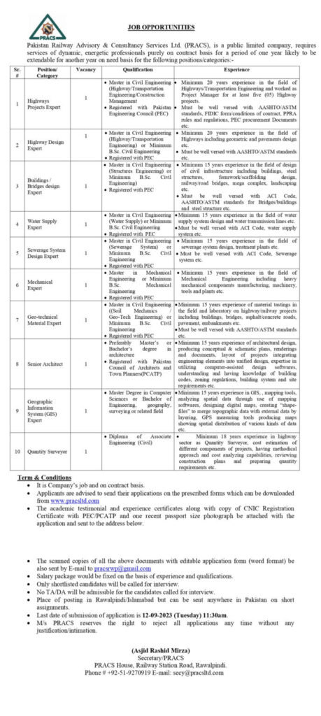 Pakistan Railway Advisory & Consulting Services Jobs 2023 (PRACS)