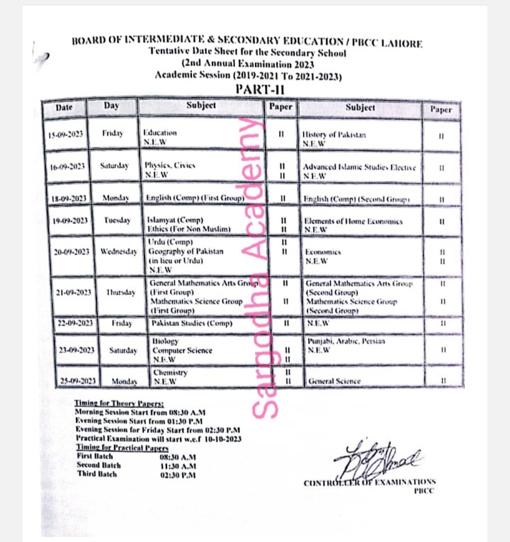 Date Sheet For The SSC 2nd Annual Examination, 2023