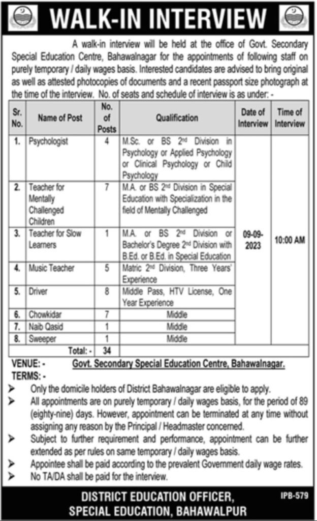 Department of Special Education Jobs 2023 (34+ seats) - Special Branch