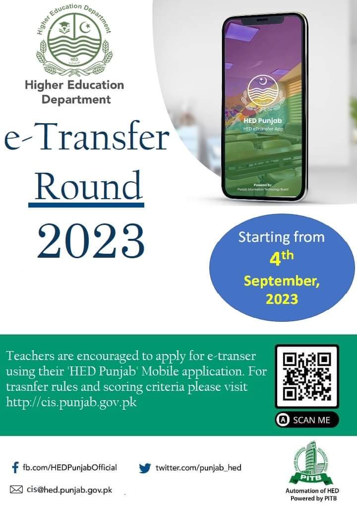 E-Transfer Round (SED) Punjab September 2023 - Opening Of E-Transfer Round SED September 2023