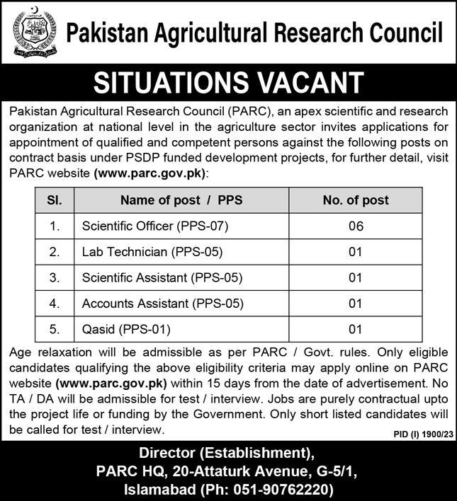 Latest PARC Jobs 2023 || Pakistan Agricultural Research Council