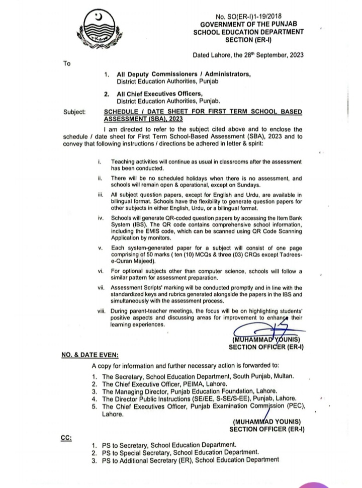 Schedule Date Sheet for First Term (SBA), School Based Assessment October 2023