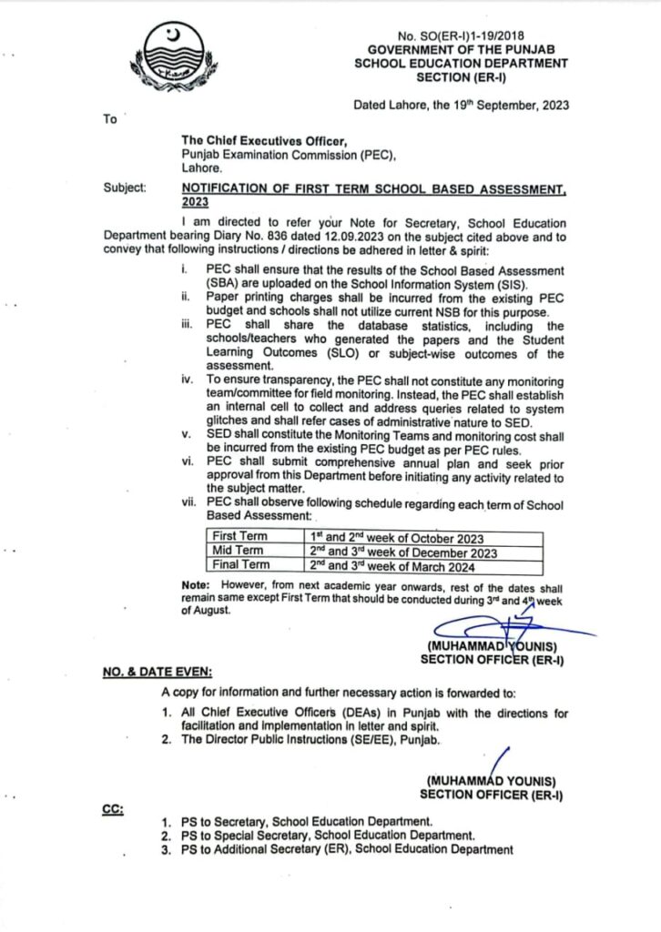 Latest Notification of First Term SBA School Based Assessment September 2023