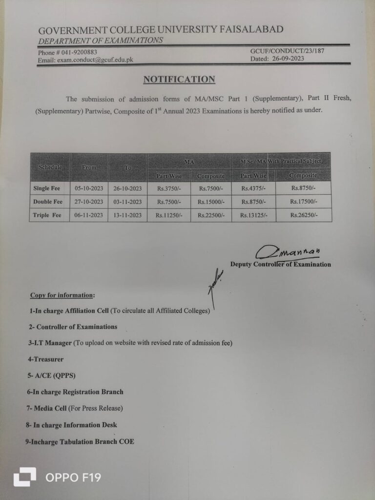 MA/MSc Admission Schedule GCUF September 2023 - Part 1,2 and Composite Schedule GCUF University