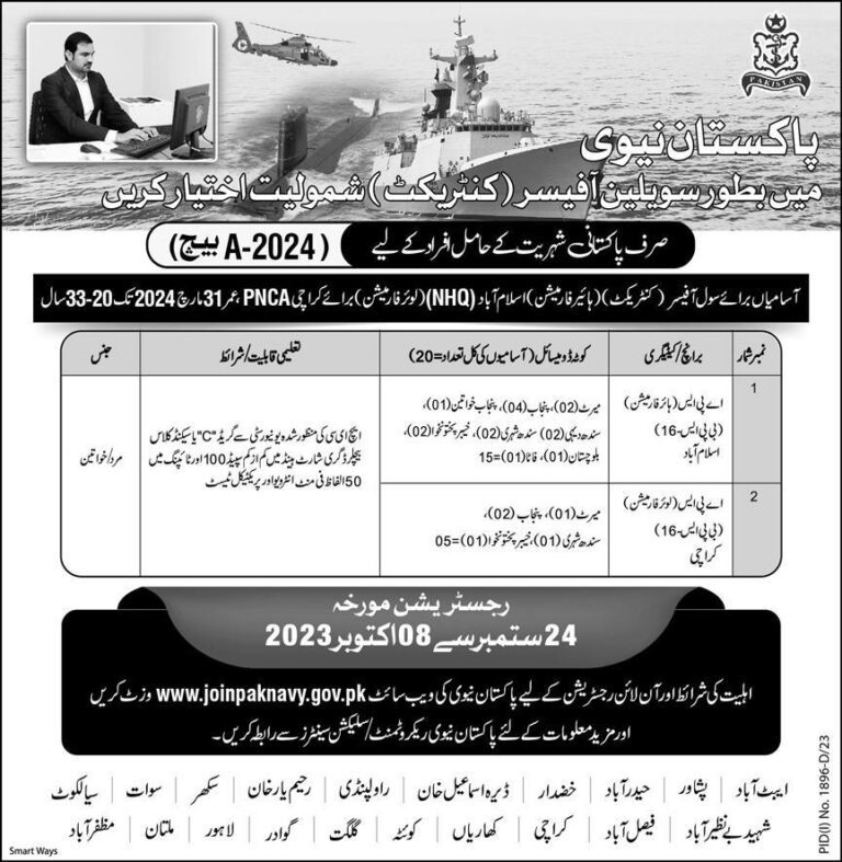 Pakistan Navy Civilian Jobs Online Application Batch A-2023-2024