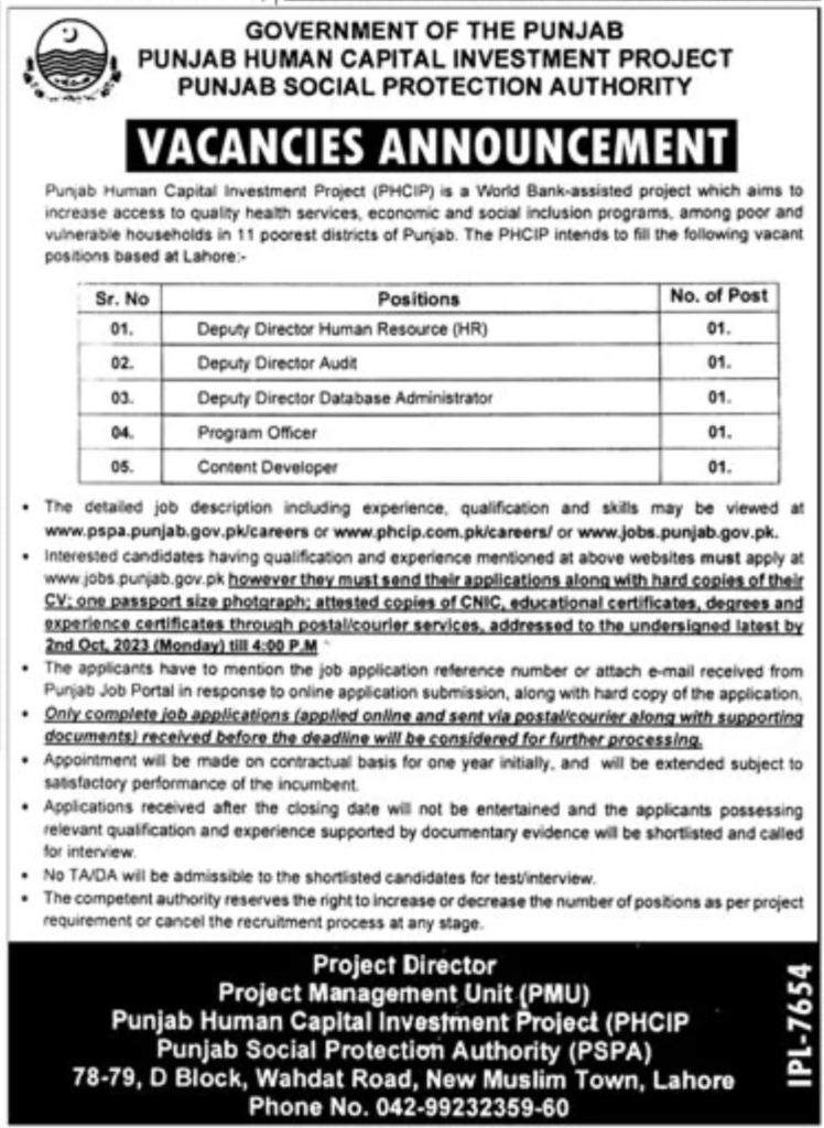 PSPA Punjab Social Project Authority Jobs - Advertisement Apply Now