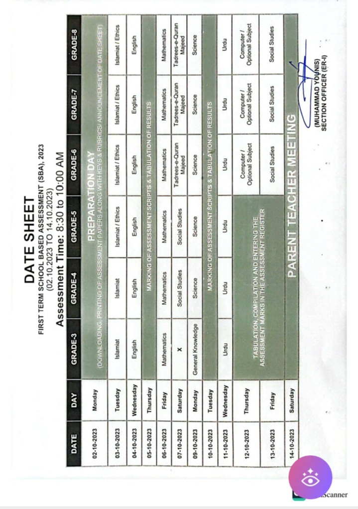 Schedule Date Sheet for First Term (SBA), School Based Assessment October 2023