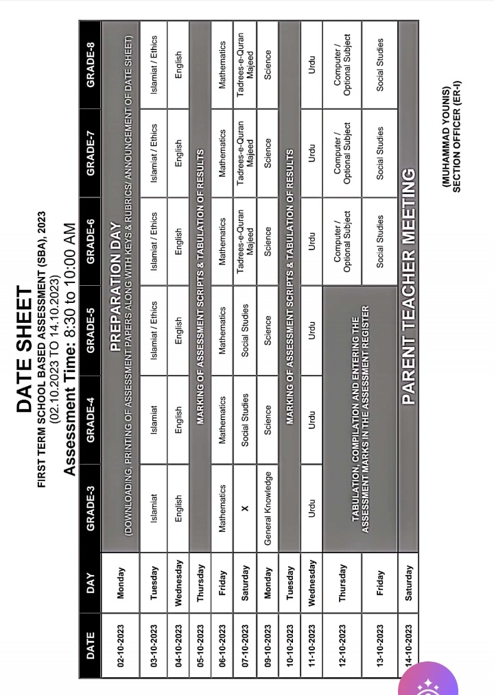 Schedule Date Sheet for First Term (SBA), School Based Assessment October 2023