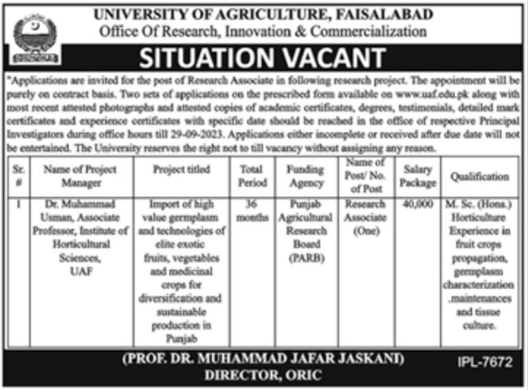 University of Agriculture UAF Jobs 2023 - Apply Online