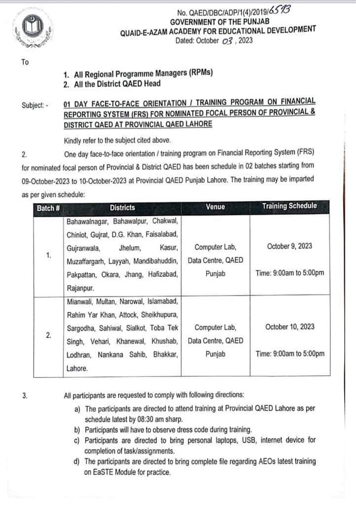 1 Day Face to Face QAED Training of Teachers All Districts of Punjab 2023