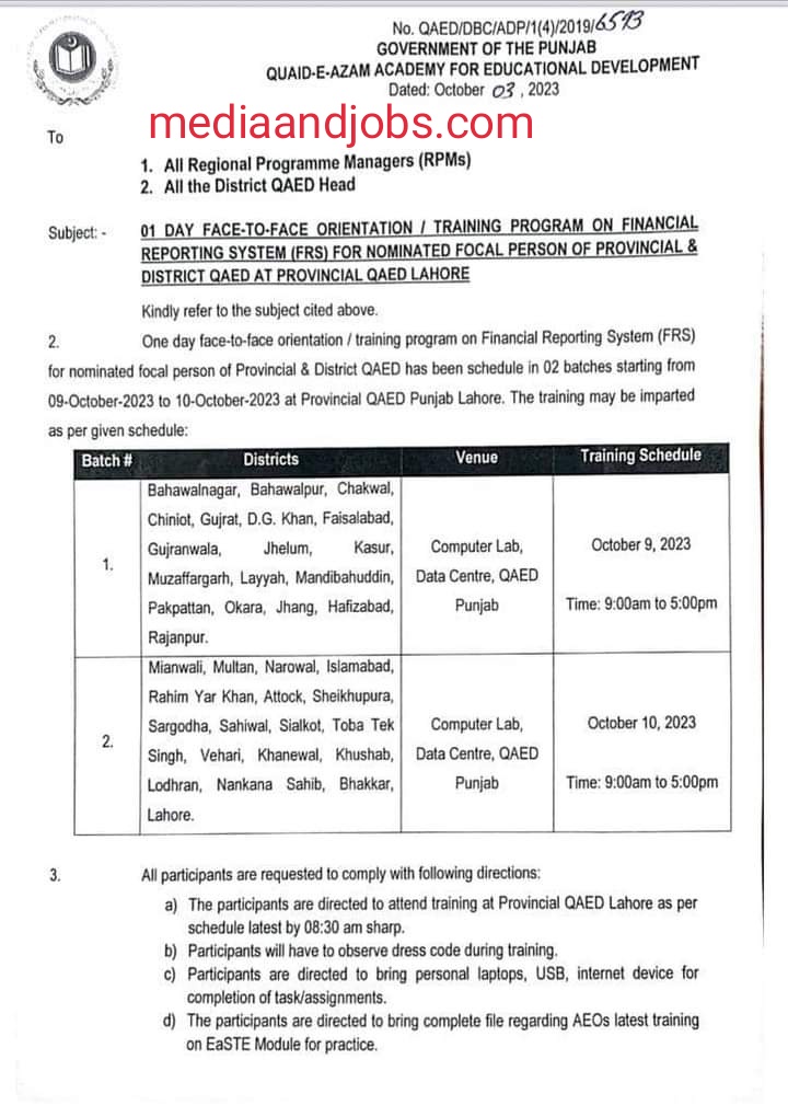 1 Day Face to Face QAED Training of Teachers All Districts of Punjab 2023