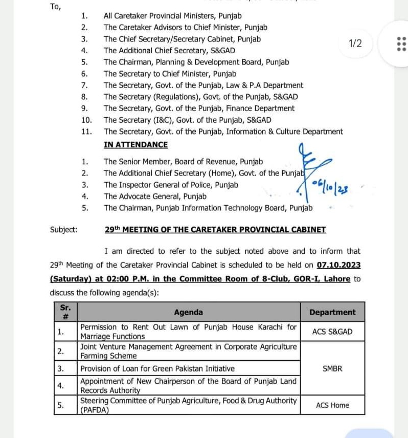 29th Meeting of The Caretaker Provincial Cabinet October 2023