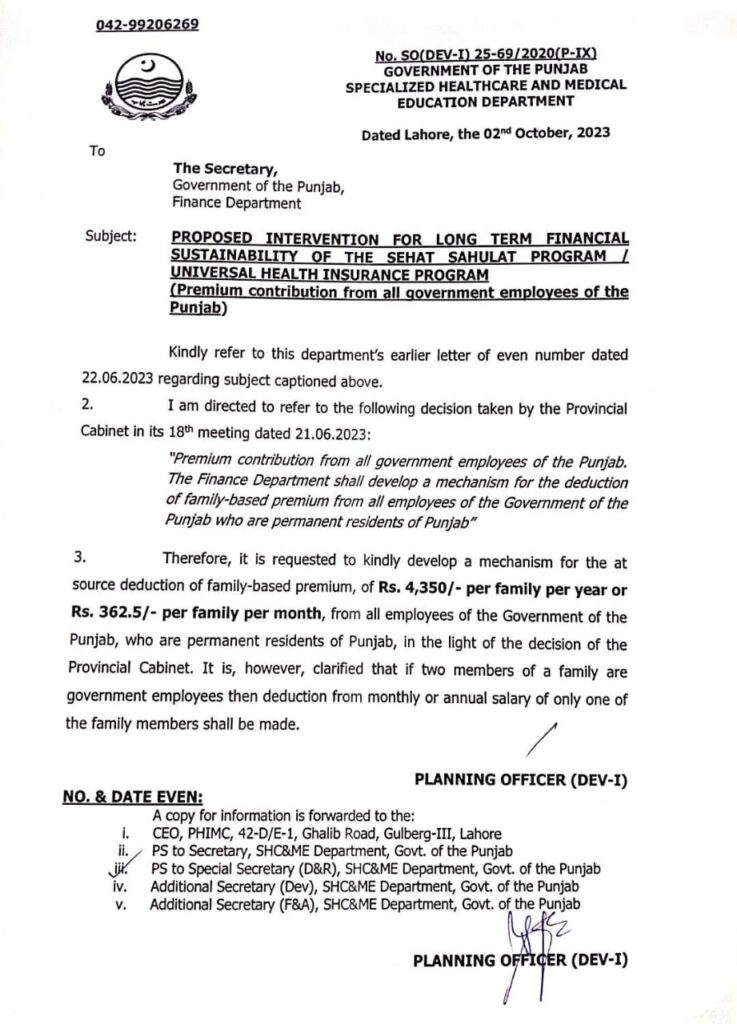 Deduction of Sehat Card/Health Insurance from all Govt Employees Salary