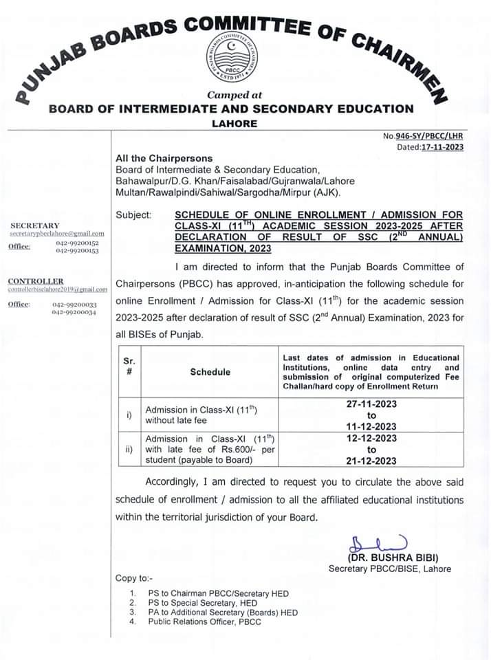 Class XI (11th) Admission Schedule for Academic Session 2023-2025