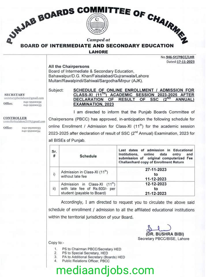 Class XI (11th) Admission Schedule for Academic Session 2023-2025