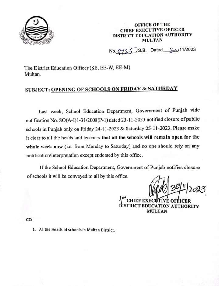 Opening/Closing of Schools on Friday and Saturday 2023 - Notification