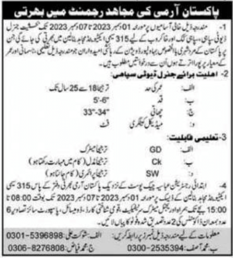 Pakistan Army Mujahid Force Jobs Regiment Sipahi 2023 (1000+ Seats)