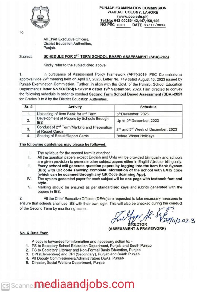 Schedule for Second (2nd) Term School Based Assessment (SBA)-2023