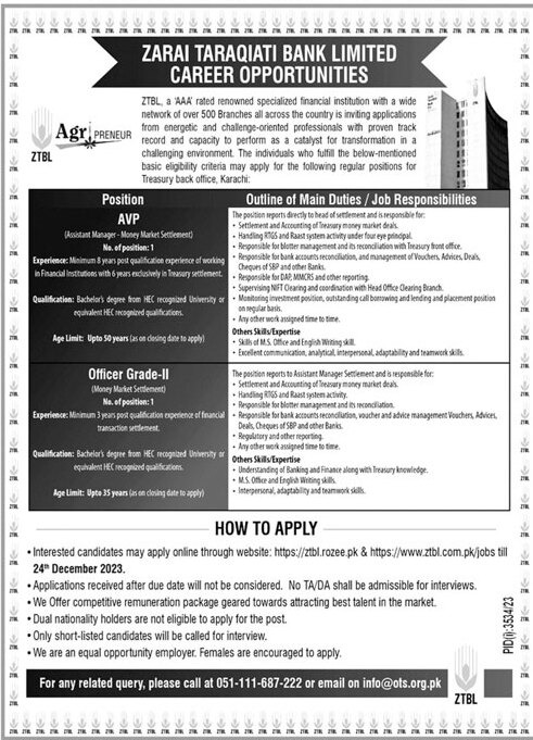 ZTBL Jobs for Officer Grade-II, Assistant Manager and AVP | Apply Now