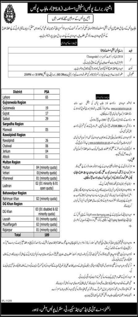 Punjab Police (PSA) Jobs 2024| Police Station Assistant Vacancies (200+ Seats)