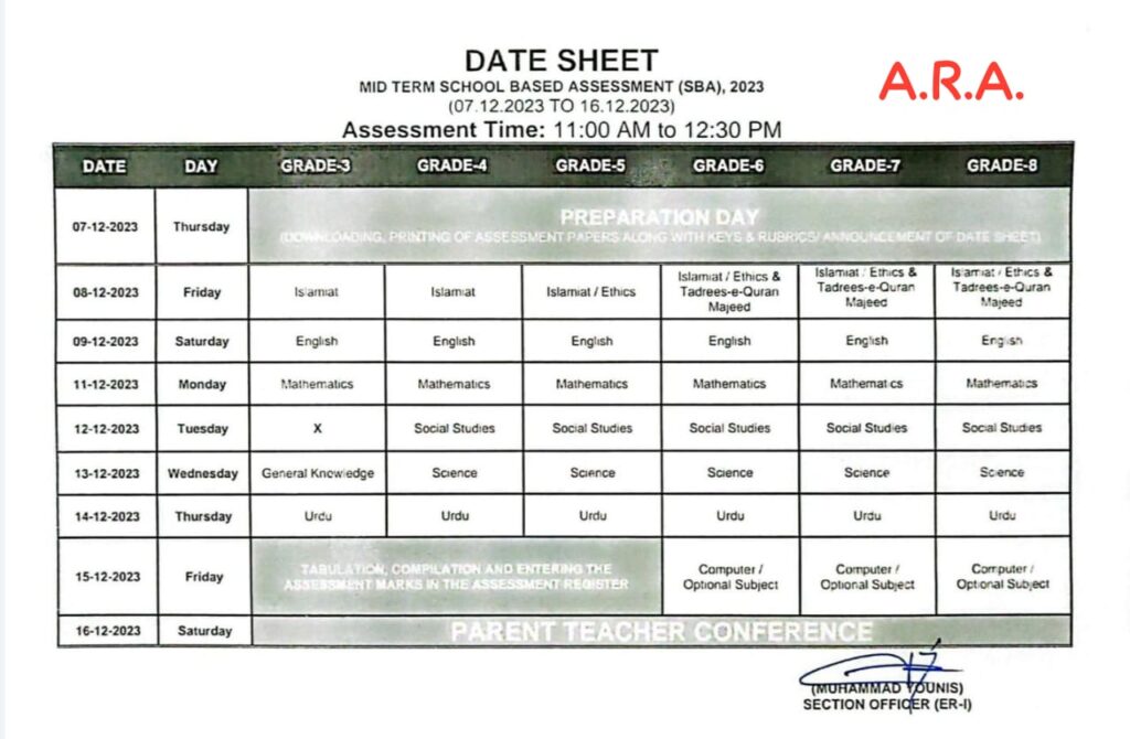 School-Based Assessment Date Sheet - Mid-term (SBA) Schedule 2023