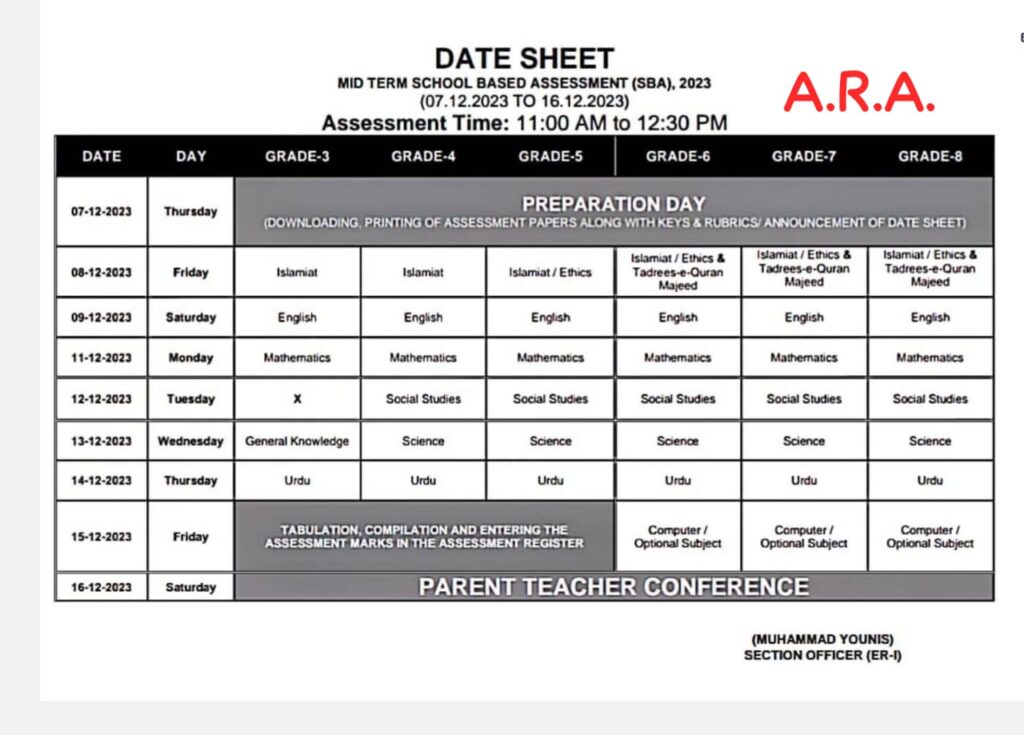 School-Based Assessment Date Sheet - Mid-term (SBA) Schedule 2023