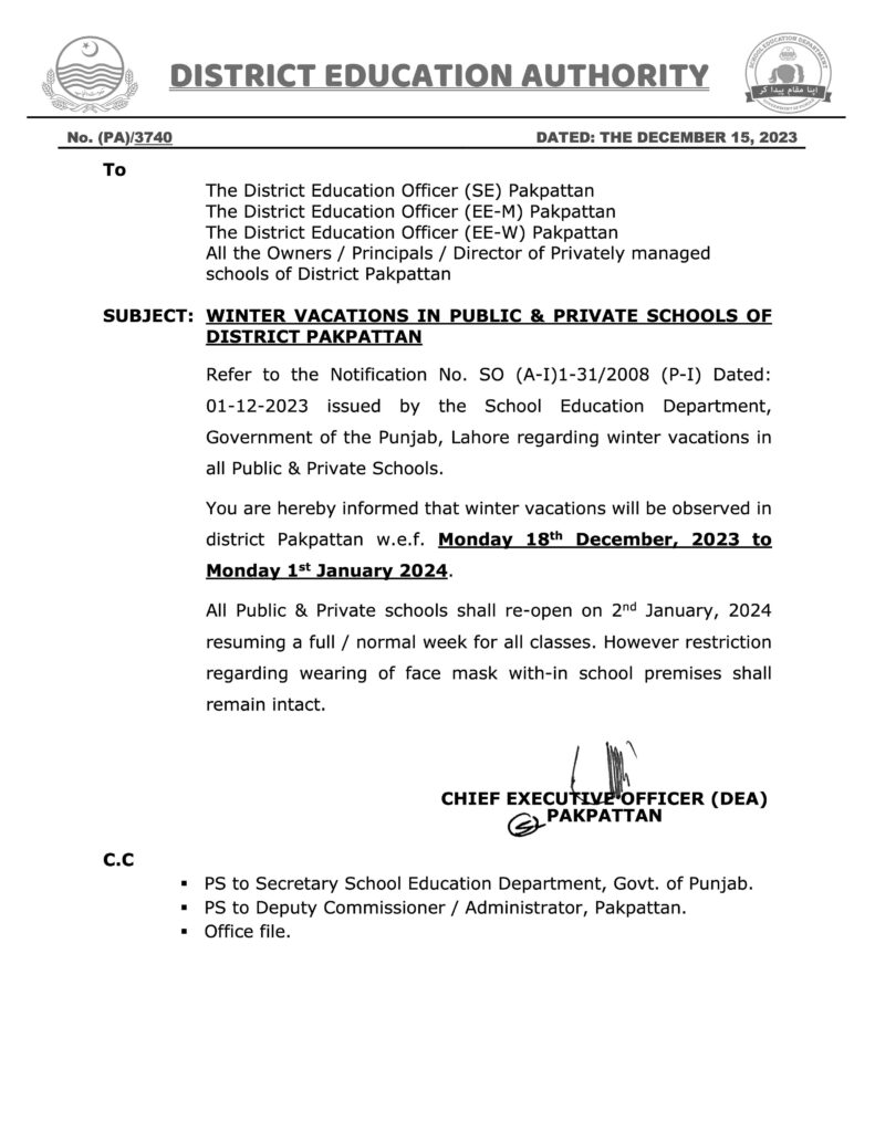 WINTER VACATIONS IN PUBLIC & PRIVATE SCHOOLS DECEMBER 2023-2024