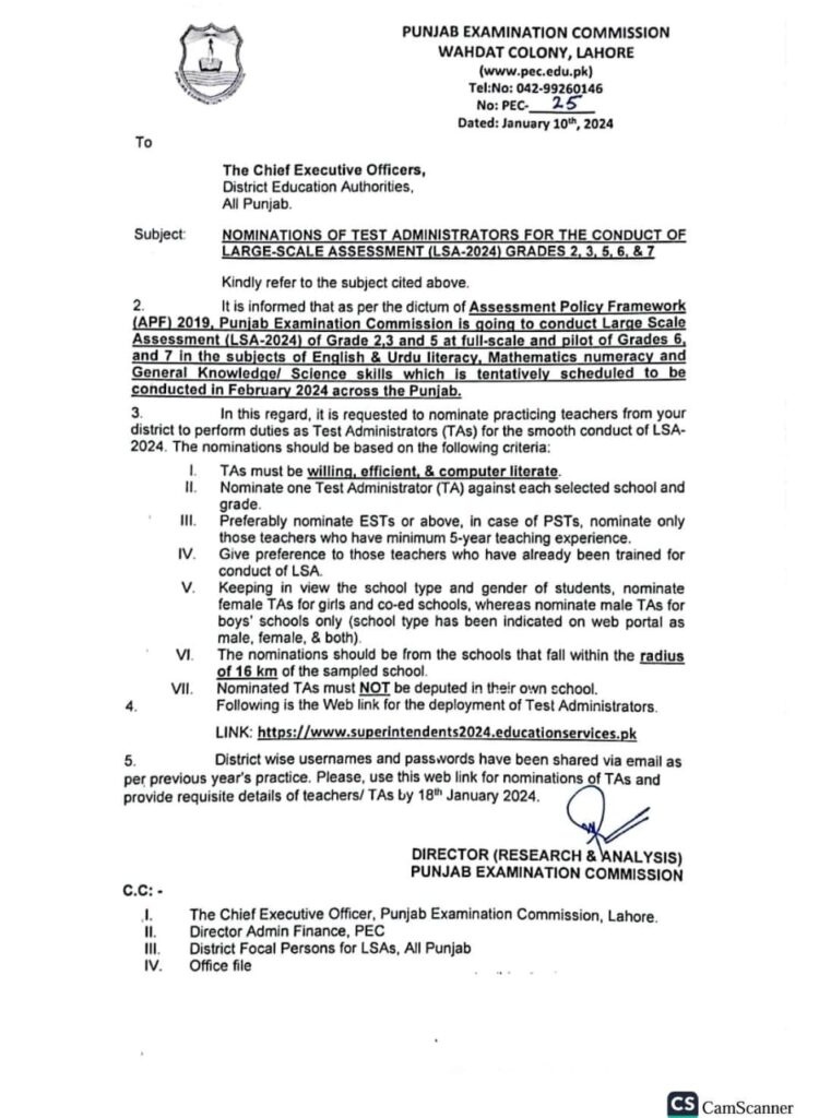 Conduct of (LSA) January 2024 | Large Scale Assessment Grades 2,3,5,6 and 7