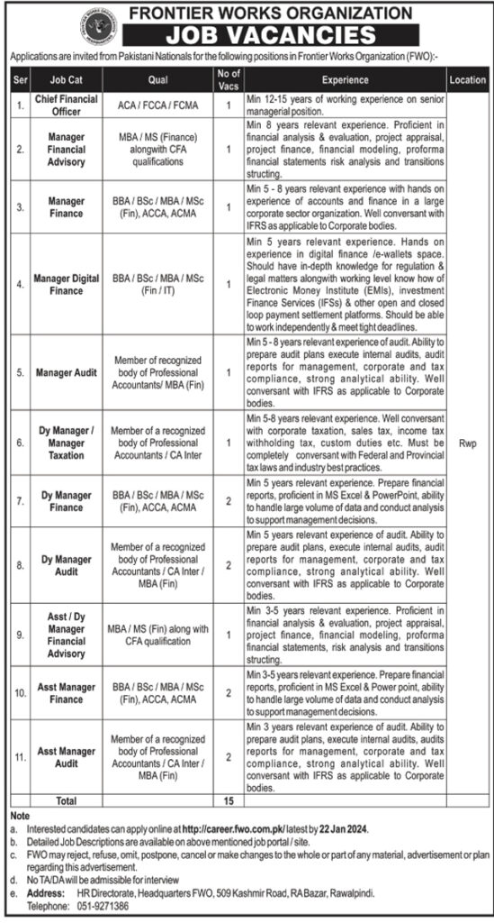 FWO Jobs 2024: Career Opportunities at Frontier Works Organization