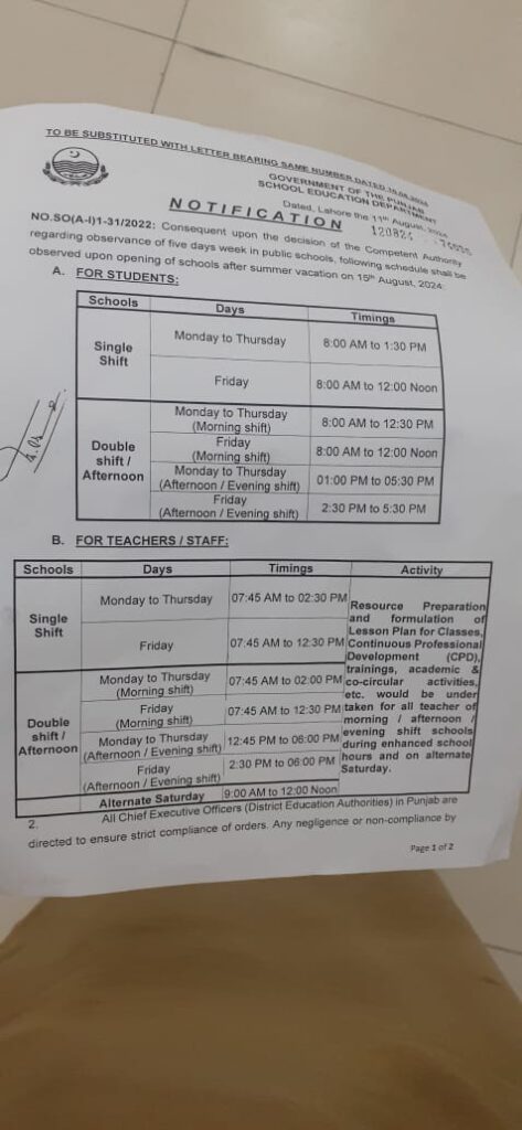 Revise School Timings For Teachers 