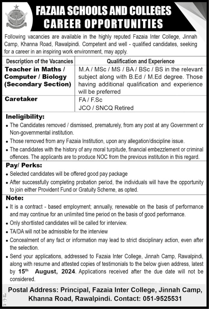 Jobs at Fazaia Inter College Jinnah Rawalpindi