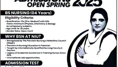 BS Nursing Spring Admission January 2025 at NIU Lahore